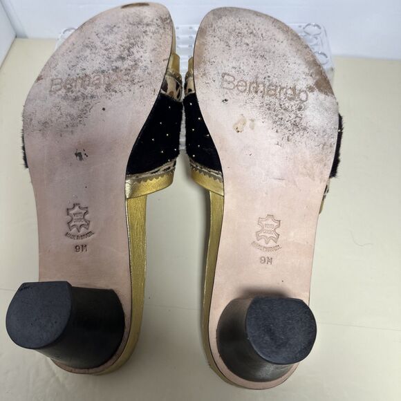 Bernardo Slip On Sandal Heels Gold Calf Hair Animal Print Size 9 Made in Brazil - Picture 3 of 12